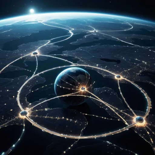 Prompt: view from orbit at night, of a superhighway network, around a planet shaped like a cat