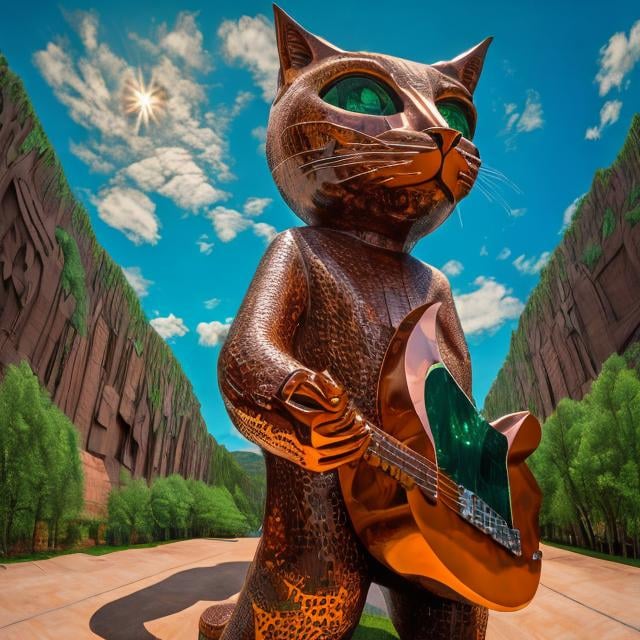 Prompt: ((((giant cat playing guitar) copper statue inlaid with emeralds) in the style of Jacek Yerka) wide perspective view) infinity vanishing point