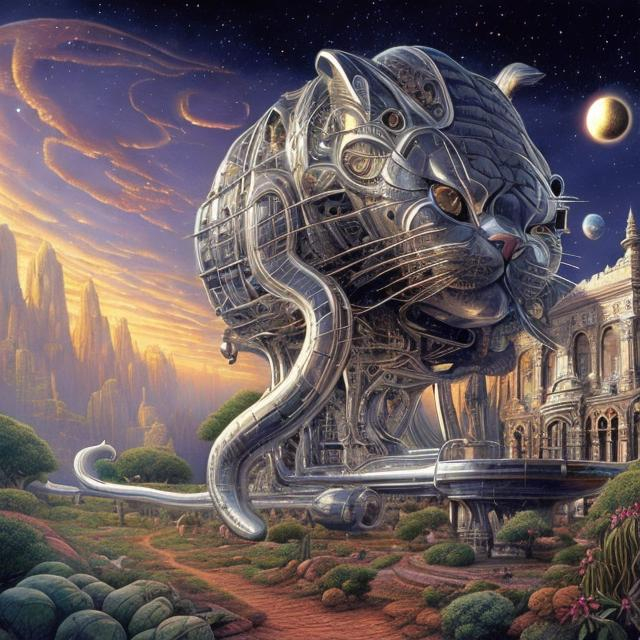 Prompt: giant silver cat playing a sitar, widescreen view, infinity vanishing point, in the style of Jacek Yerka