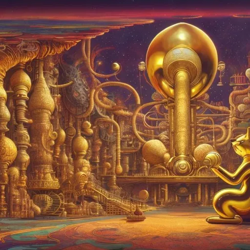 Prompt: panorama widescreen view of a giant gold cat playing a sitar, infinity vanishing point, in the style of Jacek Yerka