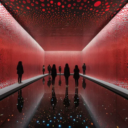 Prompt: view from center of Yayoi Kusama’s Infinity Mirror Room with infinity pool floor