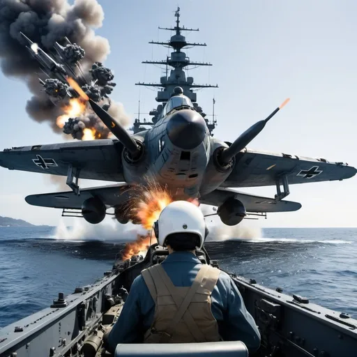 Prompt: Yokosuka MXY-7 Ohka with Kamikaze Cat pilot, surrounded by black flak explosions, surreal battleship ocean background, 25 degree offset, wide angle perspective, infinity vanishing point