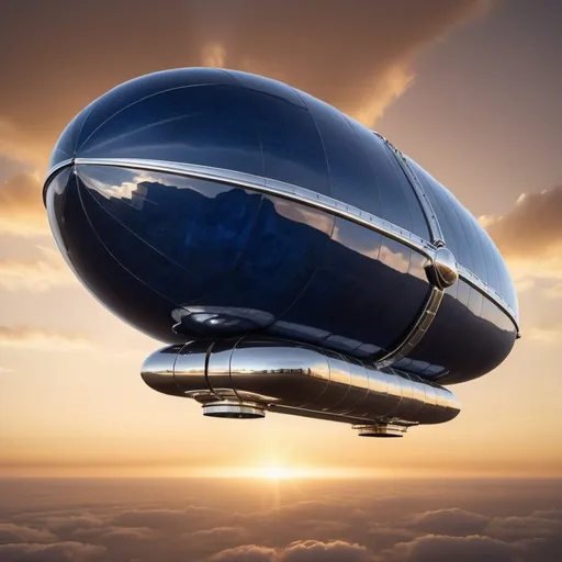 Prompt: giant sapphire chrome zeppelin in flight, golden hour overhead lighting, extra wide angle view, infinity vanishing point