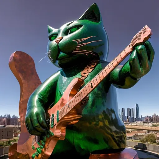 Prompt: ((((giant cat playing guitar) copper statue inlaid with emeralds) in the style of Ron English) wide perspective view) infinity vanishing point