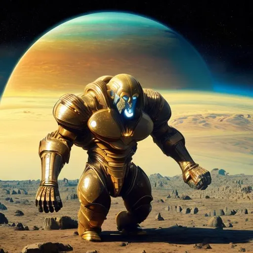 Prompt: titan atlas holding gold planet earth