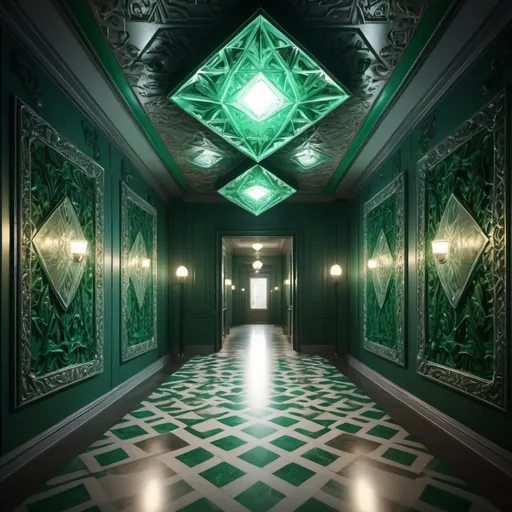 Prompt: surreal AI response, ornately detailed diamond emerald bas relief hallway, overhead lighting shadows, wide angle view, infinity vanishing point