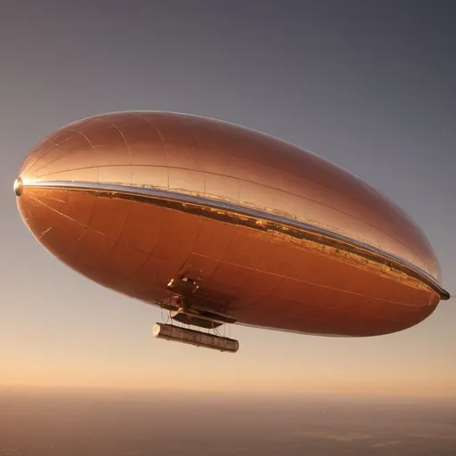 Prompt: giant orange chrome zeppelin in flight, golden hour overhead lighting, extra wide angle view, infinity vanishing point