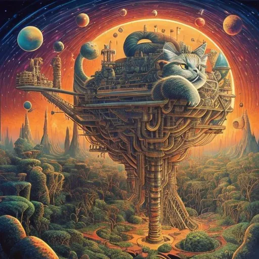 Prompt: giant diamond cat playing a sitar, widescreen view, infinity vanishing point, in the style of Jacek Yerka