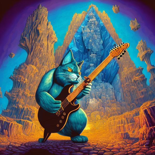 Prompt: giant crystal statue of a giant cat playing guitar, in the style of Jacek Yerka, widescreen view, infinity vanishing point