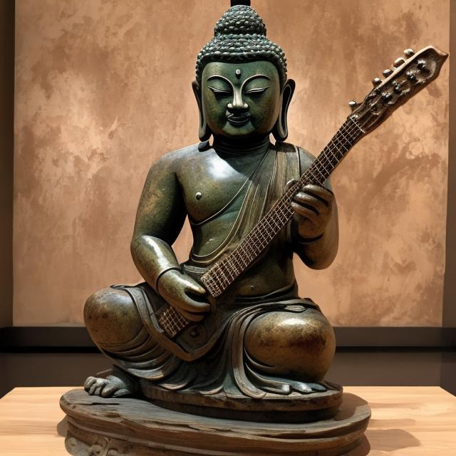 Prompt: widescreen image of an ancient patina bronze bodybuilding buddha playing guitar