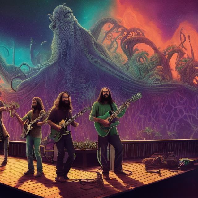 Prompt: wide image of a jesus band playing guitars, at an exotic rooftop with an infinity pool, infinity vanishing point, cthulhu nebula background