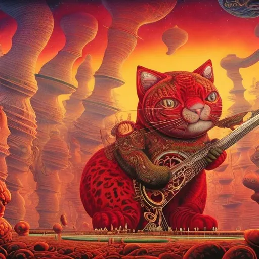 Prompt: panorama widescreen view of a giant ruby cat playing a sitar, infinity vanishing point, in the style of Jacek Yerka