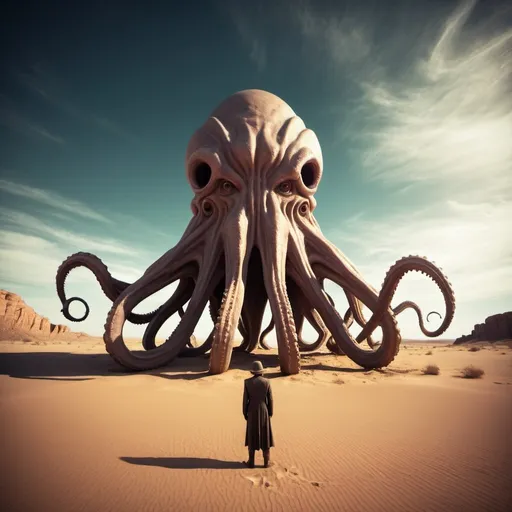 Prompt: giant desert cthulu, overhead lighting, wide angle view, surreal background proportions, infinity vanishing point