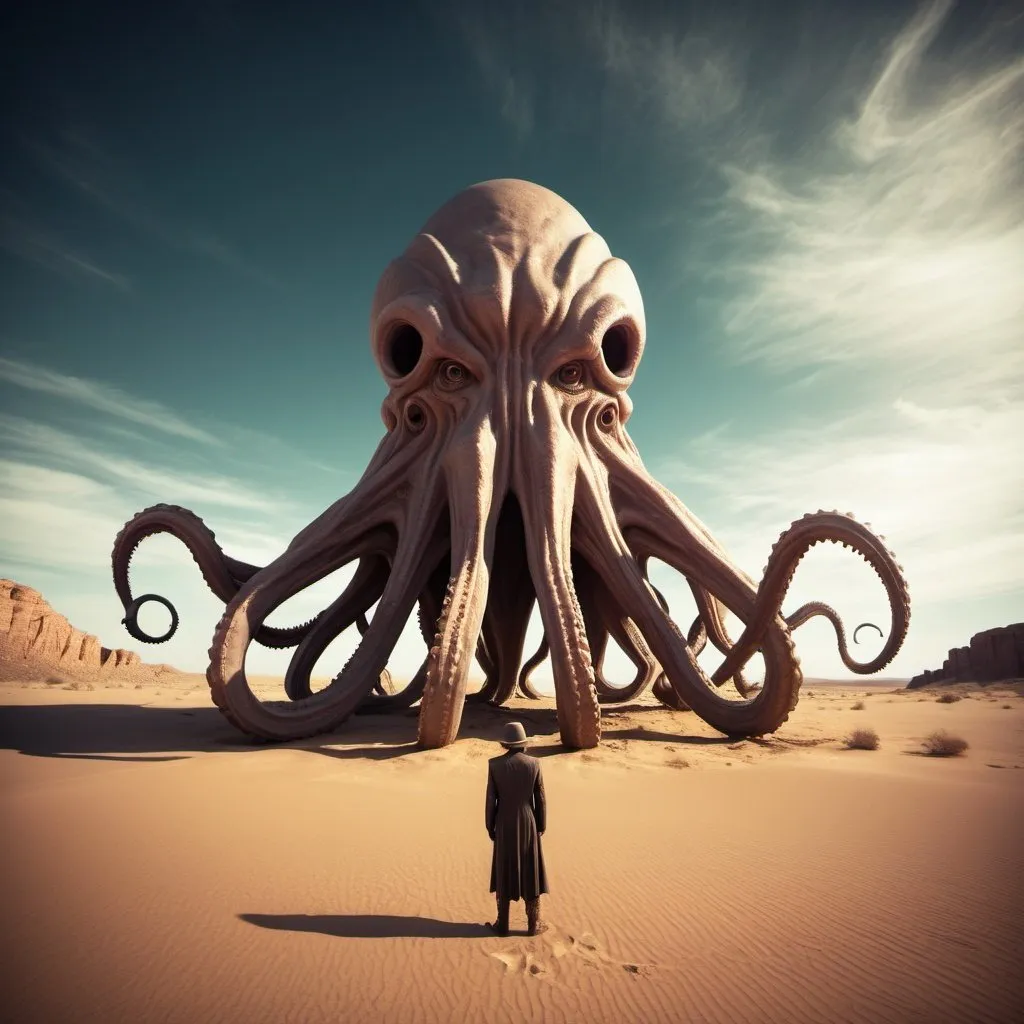 Prompt: giant desert cthulu, overhead lighting, wide angle view, surreal background proportions, infinity vanishing point