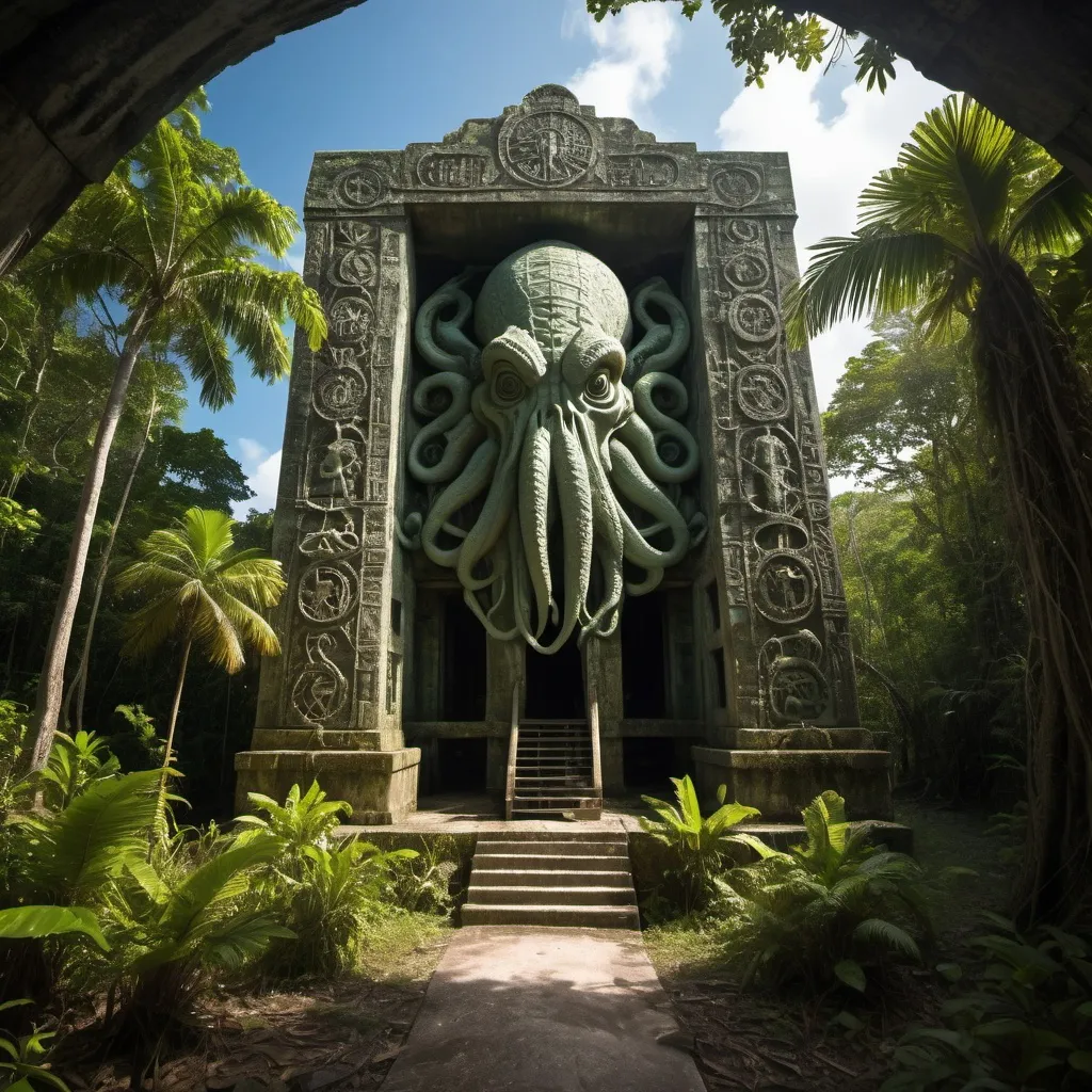 Prompt: in the Belize jungle, a giant ancient intricately detailed bas relief covered arcology of cthulhu, overhead lighting shadows, wide angle view, 25 degree offset infinity vanishing point