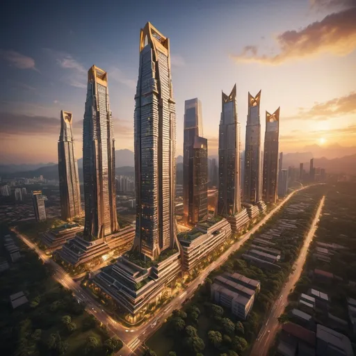 Prompt: future city of pelinggih meru style mega skyscrapers, overhead golden hour lighting, extra wide angle view, infinity vanishing point