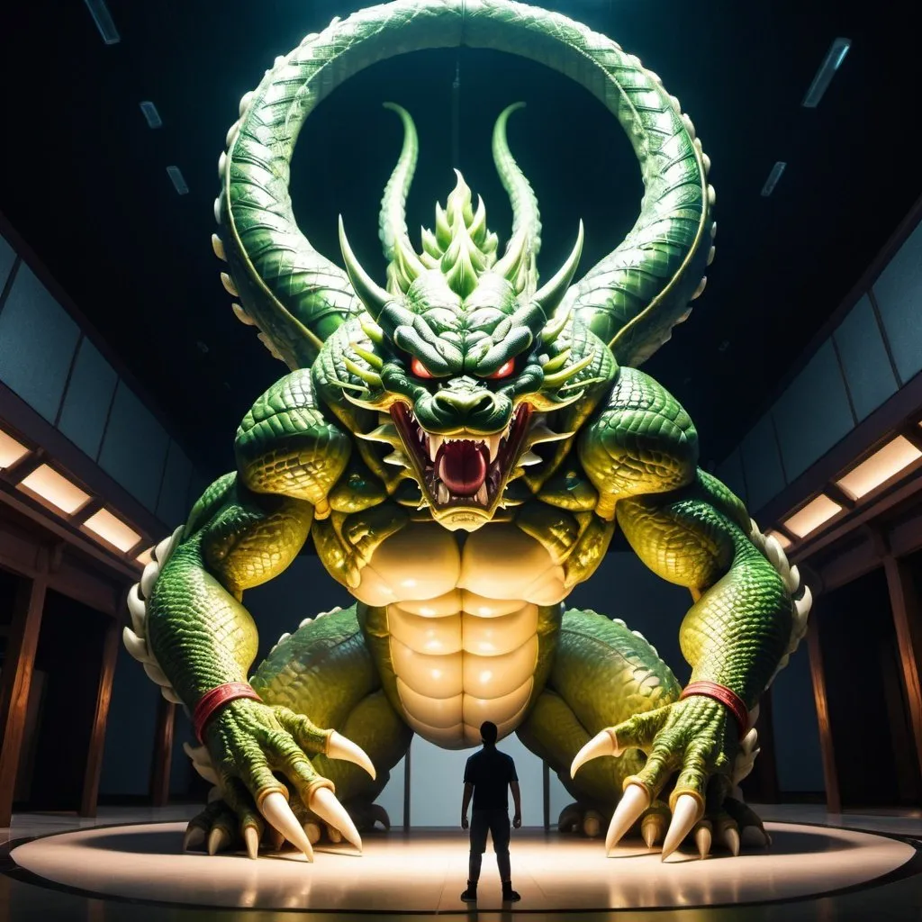 Prompt: giant Super Shenron, overhead lighting, wide angle view, surreal background proportions, infinity vanishing point