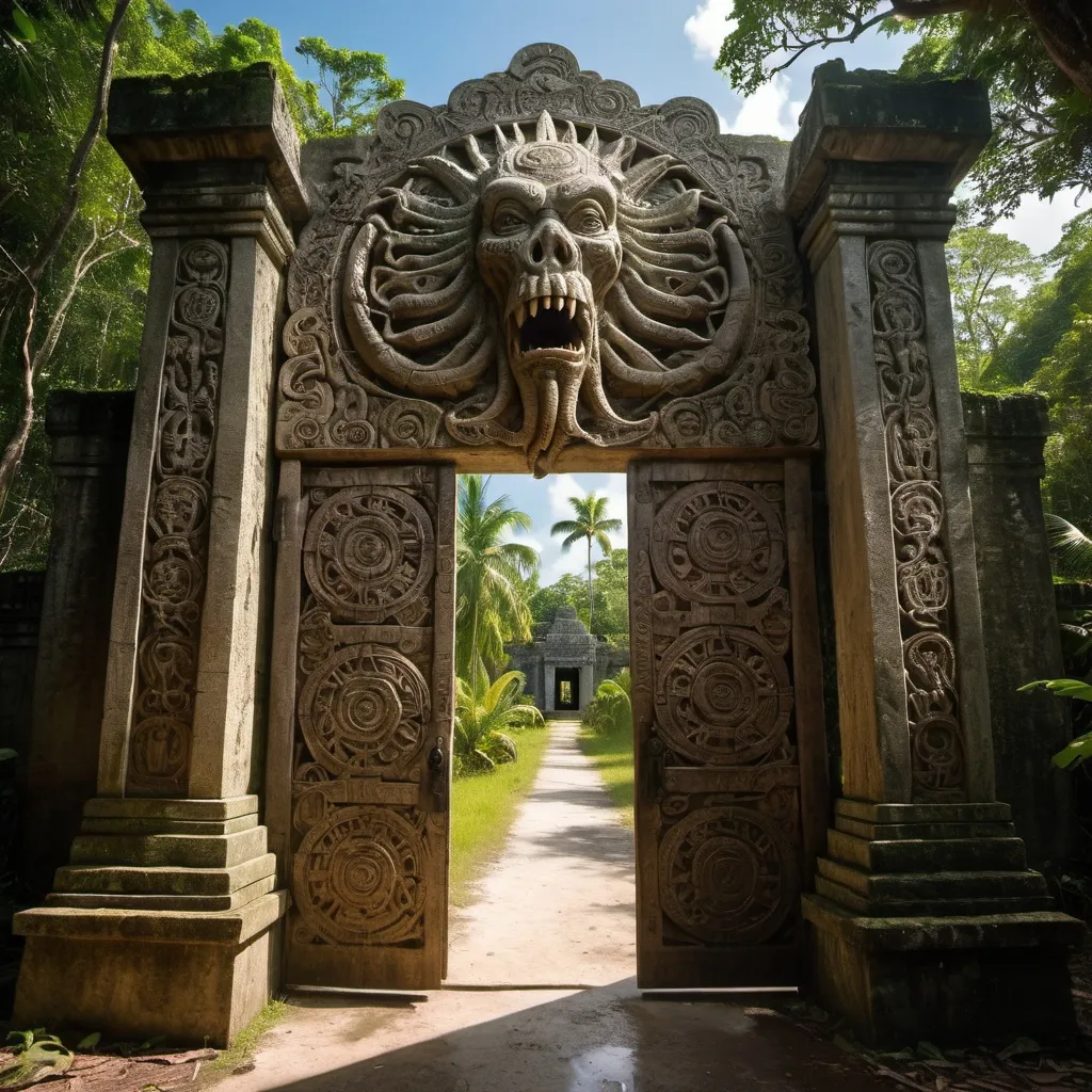 Prompt: in the Belize jungle, a giant ancient intricately detailed bas relief covered gate to the temple of cthulhu, overhead lighting shadows, wide angle view, infinity vanishing point