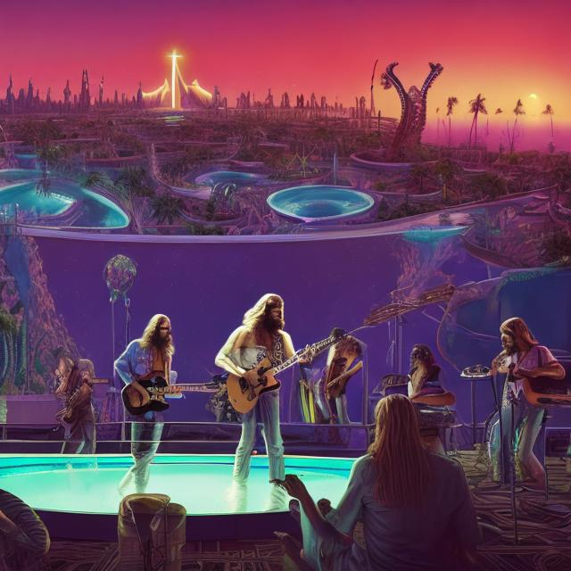 Prompt: wide view of jesus band playing guitars, at an exotic rooftop infinity pool, infinity vanishing point, dancing cthulhus background