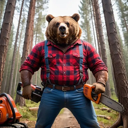 Prompt: brown bear lumberjack holding a chainsaw, wearing a red flannel shirt and blue denim pants, wide angle perspective, deep forest background, infinity vanishing point
