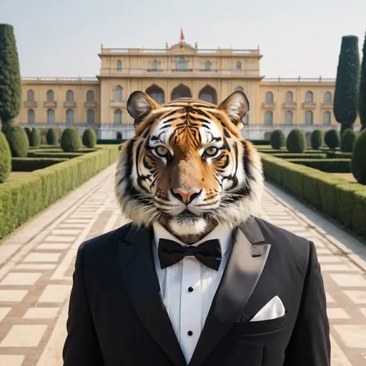 Prompt: tiger in a tuxedo, a palace in the background, wide perspective, infinity vanishing point