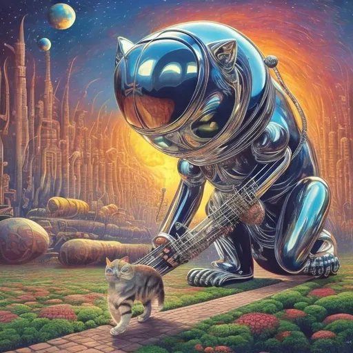 Prompt: giant chrome cat playing a sitar, widescreen view, infinity vanishing point, in the style of Jacek Yerka