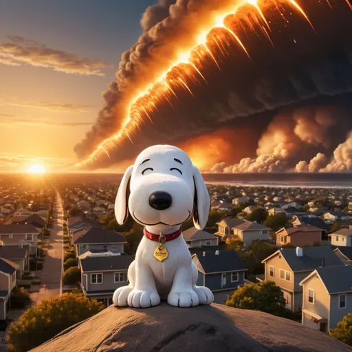 Prompt: Snoopy watching 1000 flaming meteors. 100 tornados in the air. Giant tsunami tidal waves approaching. Giant city on fire. Golden hour overhead lighting, extra wide angle view, infinity vanishing point.