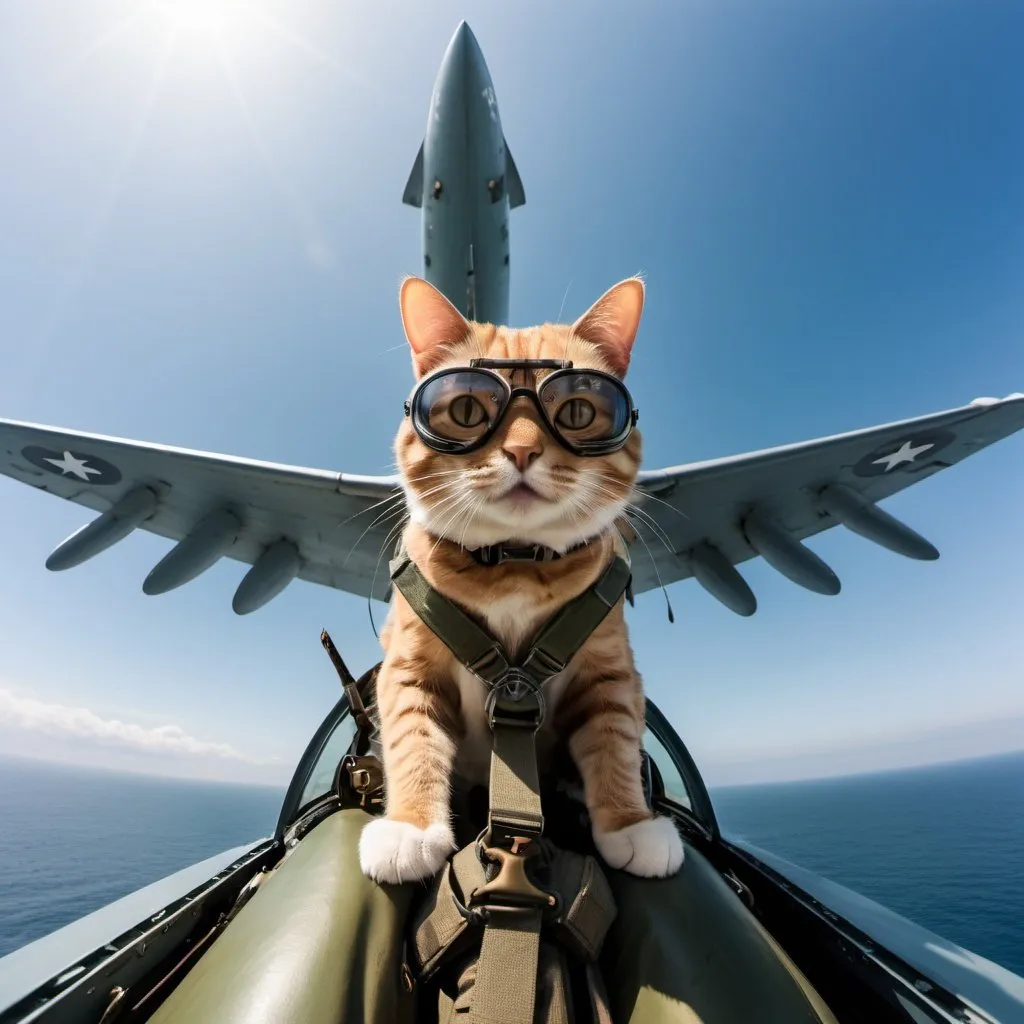 Prompt: Kamikaze Cat pilot, flying in a Yokosuka MXY-7 Ohka, wide angle perspective, surreal ocean background, infinity vanishing point