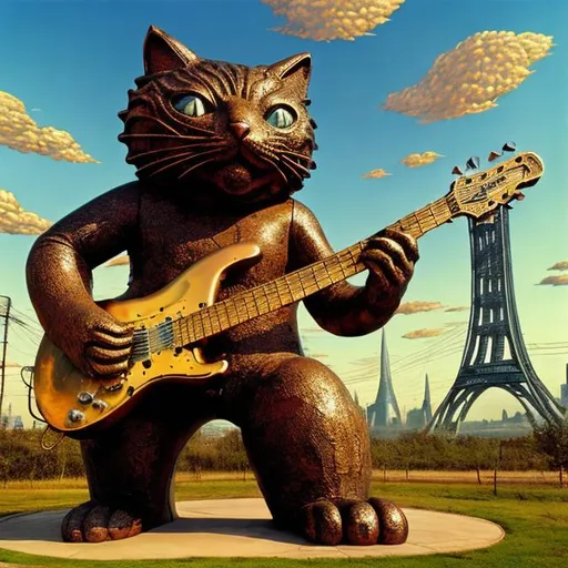 Prompt: giant rusty mirror metal statue of a giant cat playing guitar, in the style of Jacek Yerka, widescreen view, infinity vanishing point