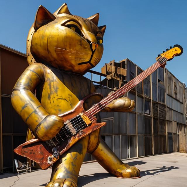 Prompt: giant rust streaked yellow metal statue of a giant cat playing guitar, in the style of Berkeley Breathed, widescreen view, infinity vanishing point