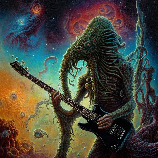 Prompt: anorexic Cthulhu playing guitar on the corner, infinity vanishing point, Pillars of Creation nebula background