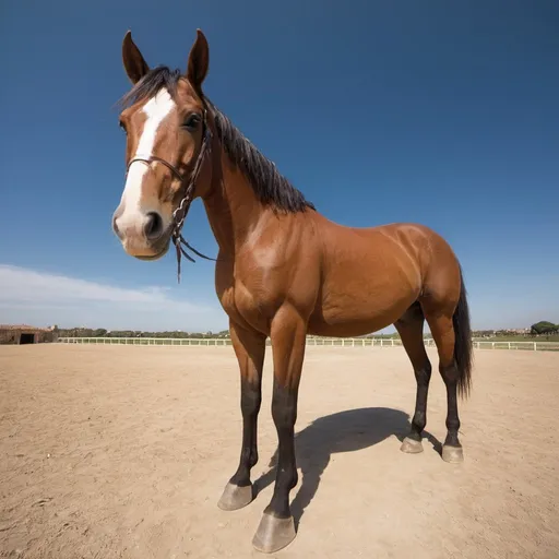 Prompt: Rocinante the horse, Campo de Criptana background, extra wide angle view, infinity vanishing point