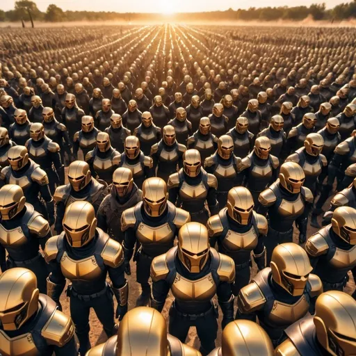 Prompt: Lawful Good army in battle against enemy Chaotic Evil army, overhead golden hour lighting, extra wide angle field of view, infinity vanishing point