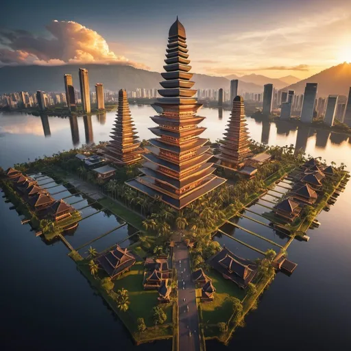 Prompt: future city of Pura Ulun Danu Bratanu style mega skyscrapers, overhead golden hour lighting, extra wide angle view, infinity vanishing point