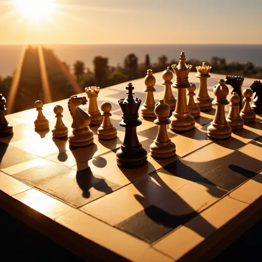 Prompt: complex exotic chess game, golden hour overhead lighting, extra wide angle view, infinity vanishing point