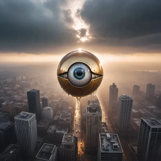 Prompt: giant flying eyeball creatures crying rain on the city below, overhead golden hour lighting, foggy wide angle view, infinity vanishing point