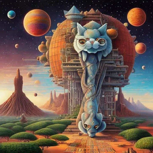 Prompt: giant diamond cat playing a sitar, widescreen view, infinity vanishing point, in the style of Jacek Yerka