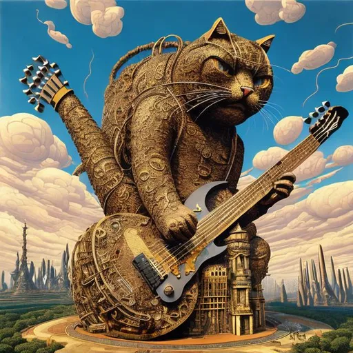 Prompt: giant iron statue inlaid with gold, of a giant cat playing guitar, in the style of Jacek Yerka, wide perspective view, infinity vanishing point