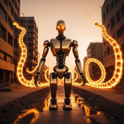 Prompt: ROBOT FIRE SNAKES SETTING ON FIRE INFERIOR OBSOLETE HUMAN CITIES. overhead golden hour lighting, extra wide angle field of view, infinity vanishing point