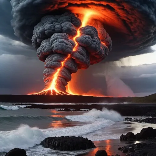 Prompt: meteor fireballs, giant tornados, giant lava flows, giant rogue tidal waves, earthquake