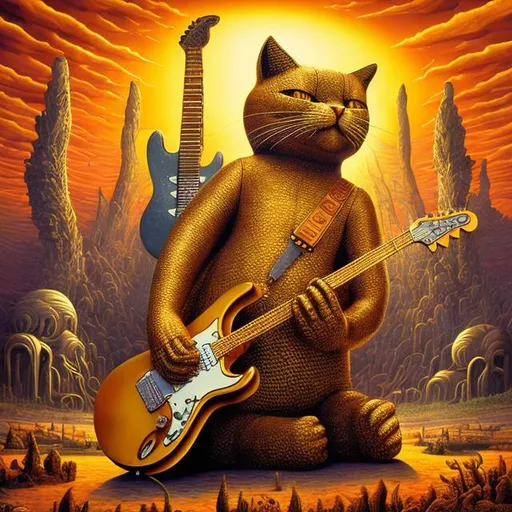 Prompt: giant gold statue of giant cat playing a guitar, widescreen view, infinity vanishing point, in the style of Jacek Yerka