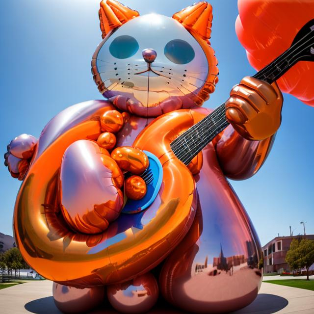 Prompt: ((((giant balloon cat playing guitar) diamond statue inlaid with orange chrome) in the style of Jeff Koons) wide perspective view) infinity vanishing point