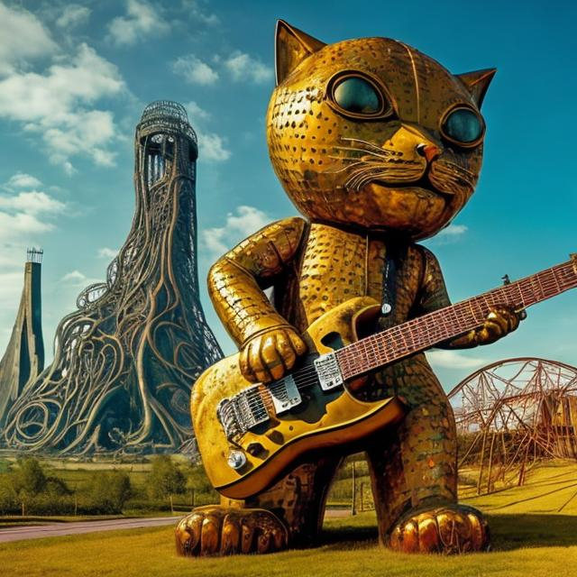 Prompt: giant rusty yellow metal statue of a giant cat playing guitar, in the style of Jacek Yerka, widescreen view, infinity vanishing point