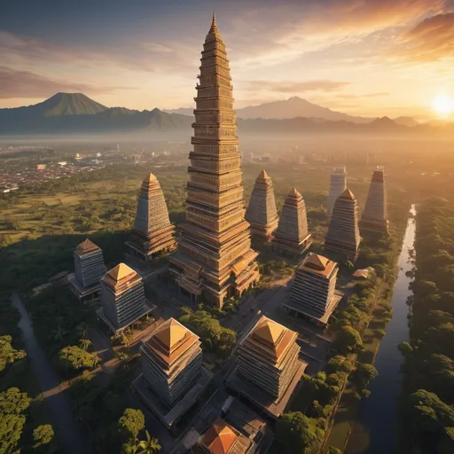 Prompt: ancient city of pelinggih meru style mega skyscrapers, overhead golden hour lighting, extra wide angle view, infinity vanishing point