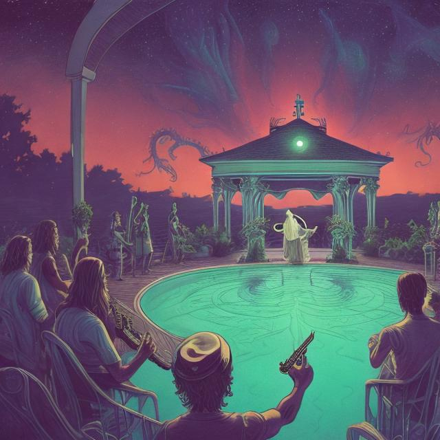 Prompt: wide perspective, jesus band playing guitars at a poolside patio gazebo party, infinity vanishing point, Cthulhu nebula background
