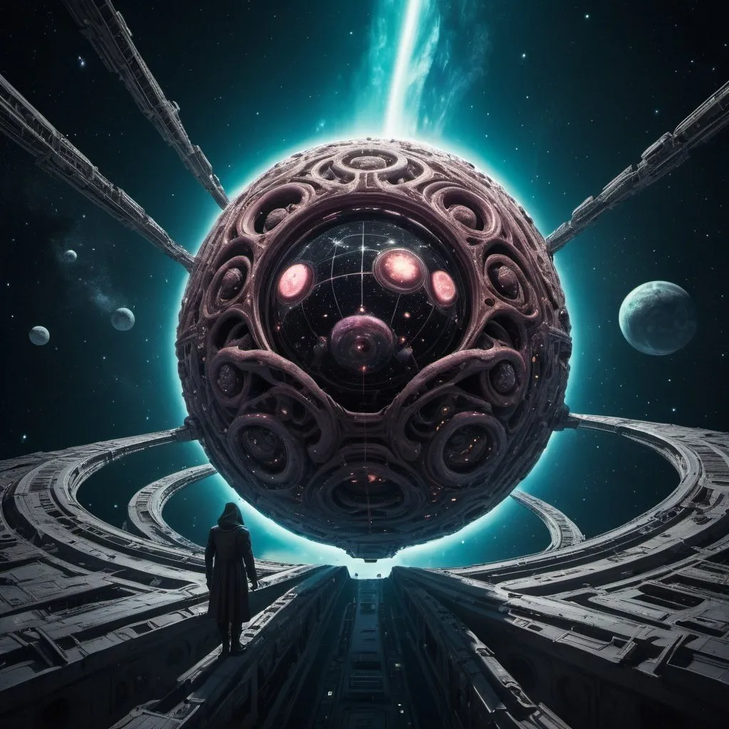 Prompt: Yog-Sothoth floating in space outside a distant ancient surreal space station, an evil techno-planet in the background, 25 degree offset, wide angle perspective, infinity vanishing point