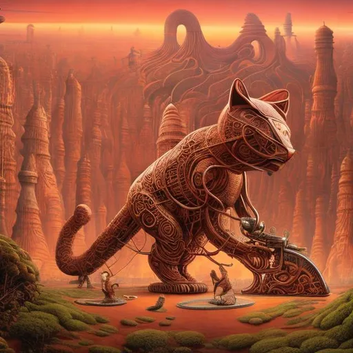 Prompt: panorama widescreen view of a giant copper cat playing a sitar, infinity vanishing point, in the style of Jacek Yerka