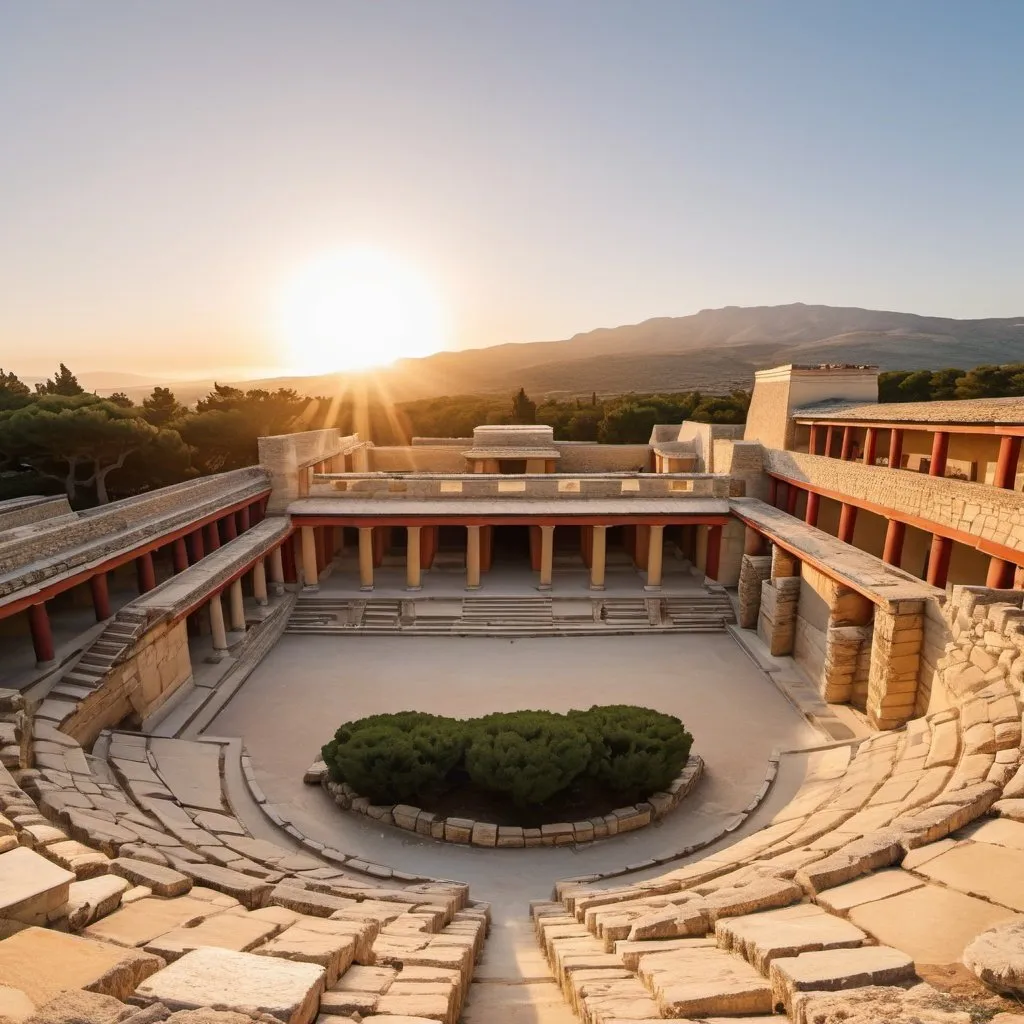 Prompt: Palace of Knossos, overhead golden hour lighting, extra wide angle field of view, infinity vanishing point