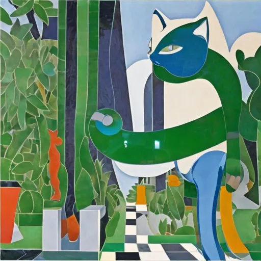 Prompt: ((((giant cat playing guitar) chrome statue inlaid with emeralds) in the style of Matisse) wide perspective view) infinity vanishing point