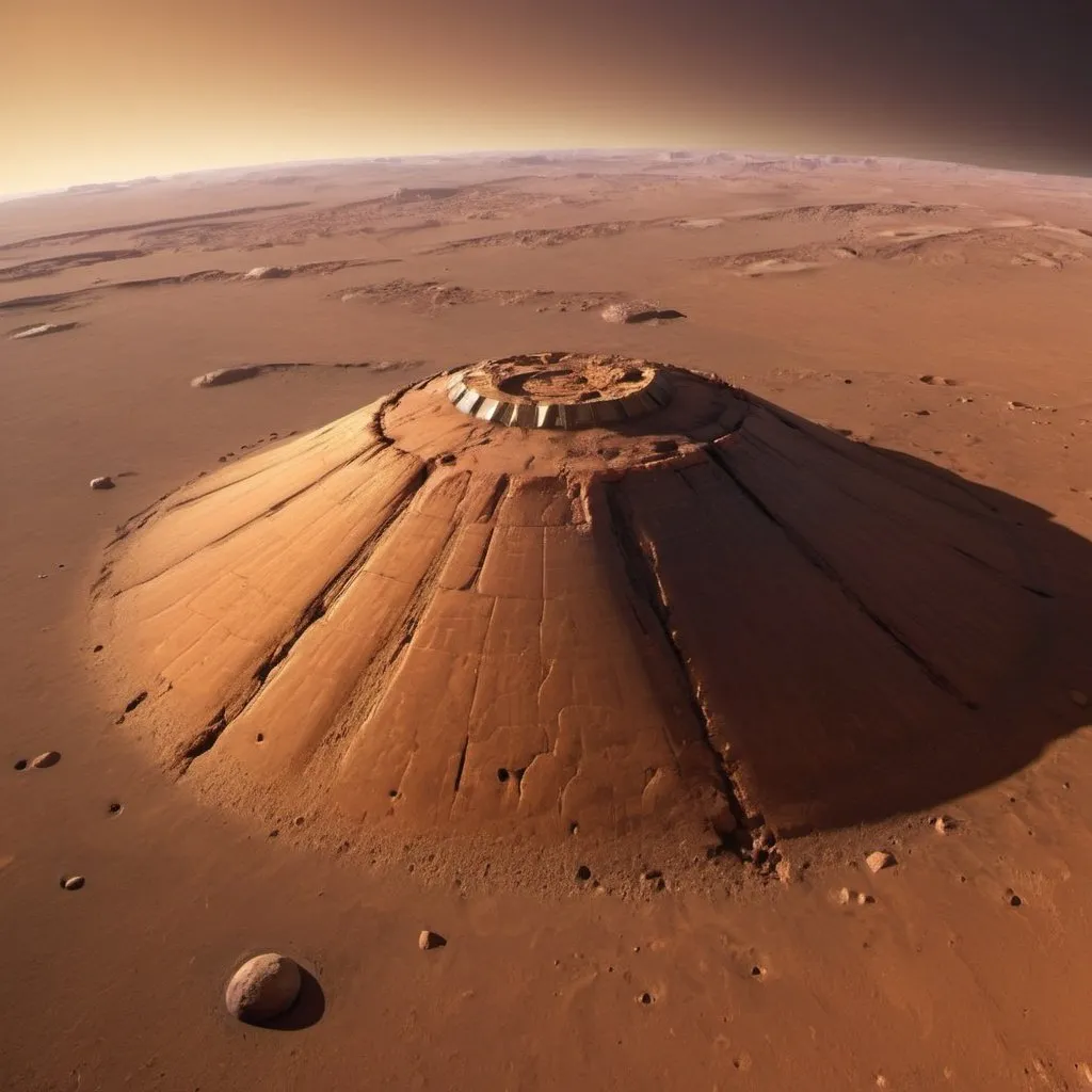 Prompt: Mons Olympus, accurate scale on Mars, overhead golden hour lighting, wide angle view, infinity vanishing point